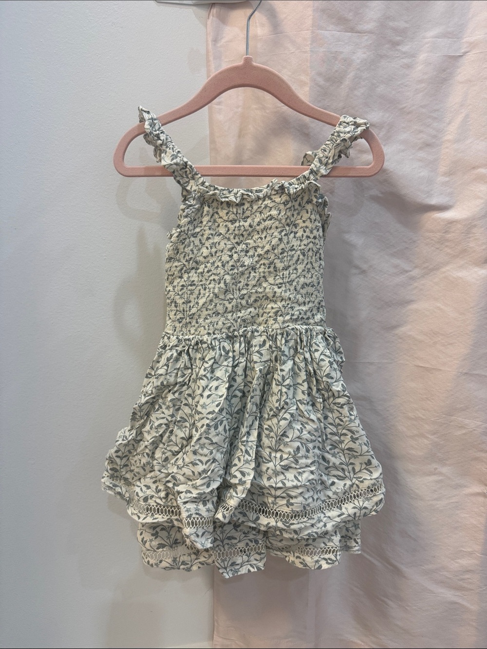Smocked Floral Tiered Dress Romper - Cream with Green Leaf Print